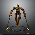 Orange Mechanical Robot Character With Armored Body And Luminous Hand Tools In Sci Fi Art