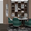 Elegant Modern Dining Table Set With Green Upholstered Chairs And Decorative Shelves 3d model