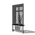 Casement Window with Gray Frame and Table Below Featuring Plant Candles Vase and Radiator