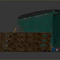 Public Facility Green Waste Container With Blue Barrels Wooden Pallets And Shovel