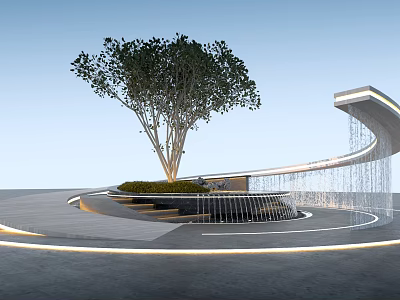 Modern Outdoor Landscape Featuring Curved Waterfall Central Tree And Circular Platform 3d model