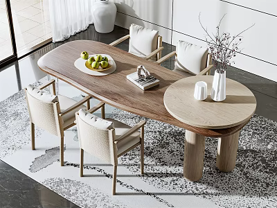 Modern Wooden Dining Table Set With Light Chairs Fruit Bowl Book Vase On Patterned Rug 3d model