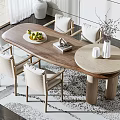 Modern Wooden Dining Table Set With Light Chairs Fruit Bowl Book Vase On Patterned Rug