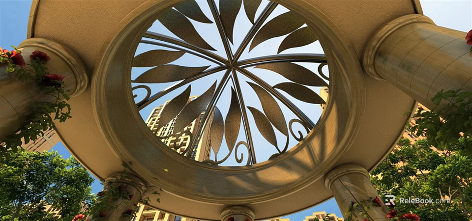 Ornate Circular Metal Ceiling With Leaf Patterns And Columns Against High Rise Buildings 3d model 