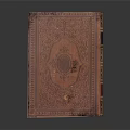 Antique Book with Intricate Carved Patterns on Brown Cover and Decorative Spine
