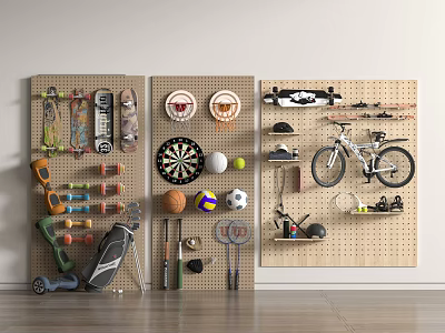 Organized Sports Equipment on Wall Mounted Pegboard with Skateboards Darts Basketball Volleyball and Bicycle 3d model