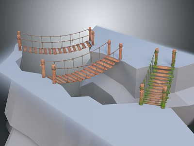 3D Rendered Rope Bridges Connecting Rock Platforms With Wooden Planks And Green Vines 3d model