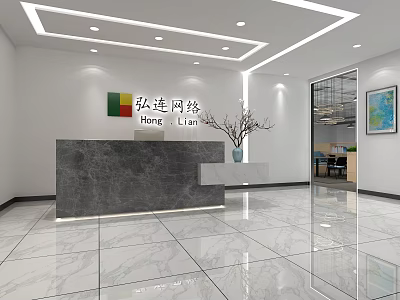 Modern Office Reception Desk with Marble Countertop Decorative Branches in Vase and Glass Door View 3d model