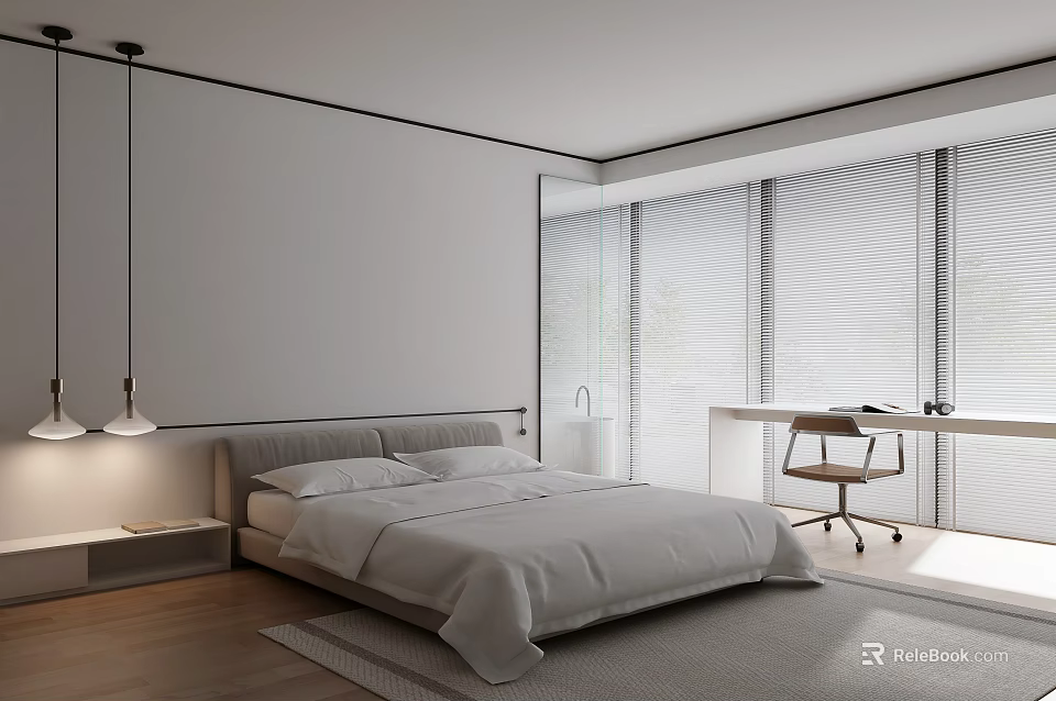 Modern Bedroom Interior With Gray Headboard Large Bed Desk Chair And Blinds 3d model 