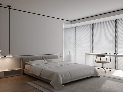 Modern Bedroom Interior With Gray Headboard Large Bed Desk Chair And Blinds 3d model