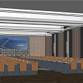 Elegant Conference Room With Large Chandeliers Projector Screen Rows Of Chairs And Flowers