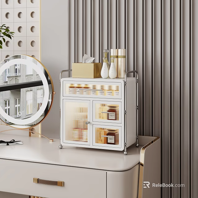 White Shelf with Drawers and Cabinets Holding Skincare Products Tissue Box on Dressing Table 3d model 