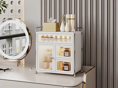 White Shelf with Drawers and Cabinets Holding Skincare Products Tissue Box on Dressing Table 3d model