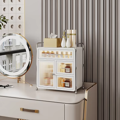 White Shelf with Drawers and Cabinets Holding Skincare Products Tissue Box on Dressing Table 3d model