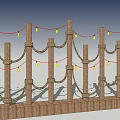 Decorative Wooden Fence With Ropes Wrapped Posts And Yellow String Lights 3d model