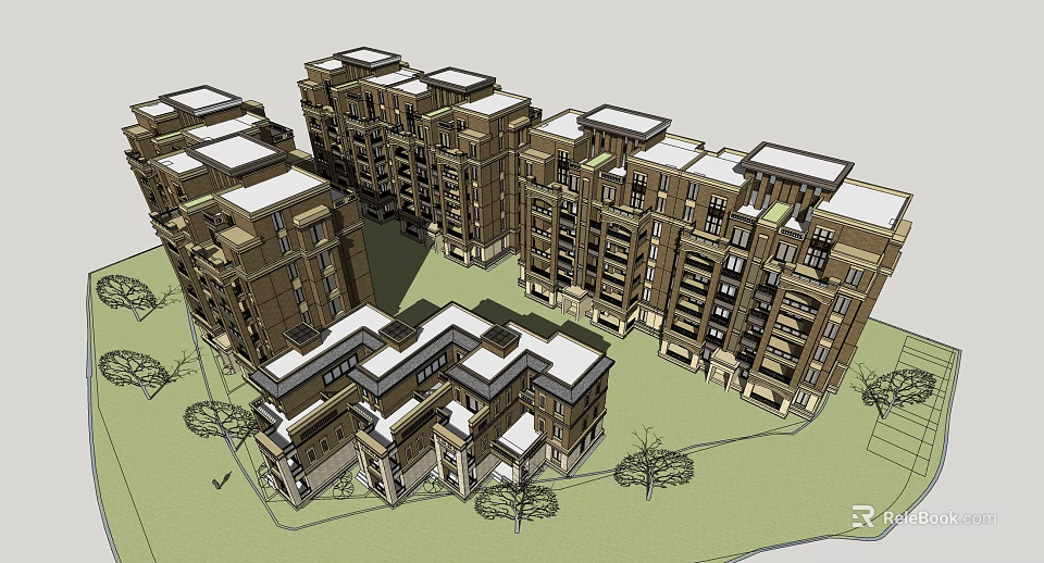 Multistory Row Residential Buildings With Brown Exterior White Roofs And Surrounding Trees 3d model 