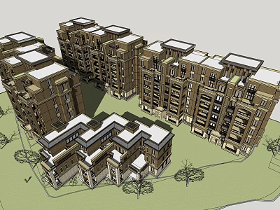 Multistory Row Residential Buildings With Brown Exterior White Roofs And Surrounding Trees 3d model