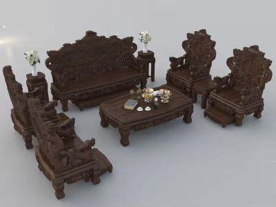 Traditional Carved Wooden Sofa Set With Coffee Table And Decorative Accents 3d model