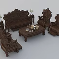 Traditional Carved Wooden Sofa Set With Coffee Table And Decorative Accents
