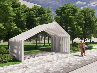 Modern White Slatted Pergola in Landscape with Green Trees and Stone Pavement 3d model