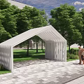 Modern White Slatted Pergola in Landscape with Green Trees and Stone Pavement