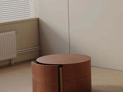 Brown Round Top Bedside Table With Storage Design In Minimalist Room With Light Walls 3d model