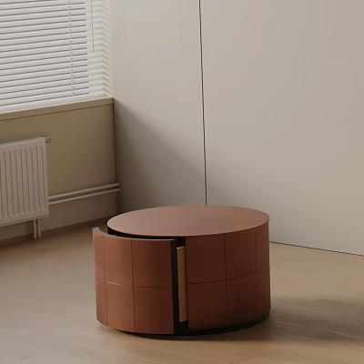Brown Round Top Bedside Table With Storage Design In Minimalist Room With Light Walls 3d model