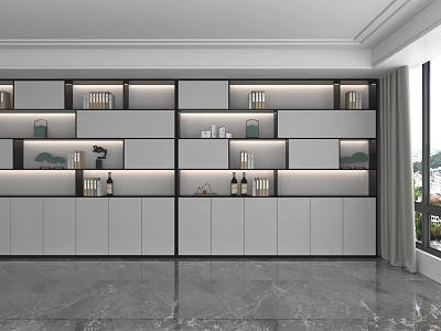 Modern Layered Storage Shelving Unit With White Cabinetry Open Closed Compartments And LED Lighting 3d model