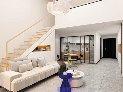 Modern Duplex Living Room With Stairs Sofa And Chandelier 3d model