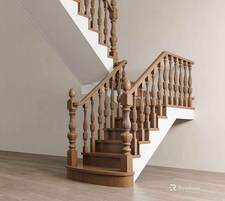 Wooden Staircase Design With Intricate Handrail Balusters Light Wall And Wooden Floor 3d model 