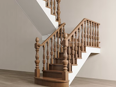 Wooden Staircase Design With Intricate Handrail Balusters Light Wall And Wooden Floor 3d model