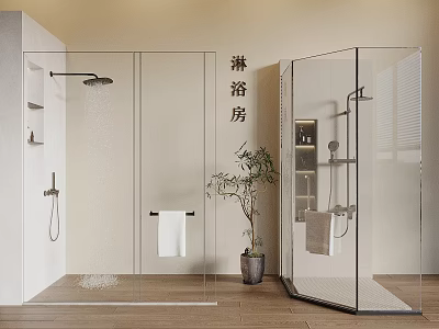 Modern Glass Shower Room With Shower Fixtures Potted Plant And Towel Rack 3d model