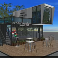 Container Cafe With Outdoor Wooden Deck Seating Umbrella And Green Plants On Lawn