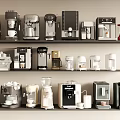 Assorted Kitchen Appliances On Shelf Display With Coffee Makers And Small Tools 3d model