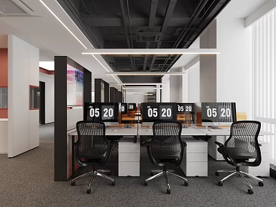 Modern Public Office Space With Ergonomic Workstations Desks Chairs And Digital Displays 3d model