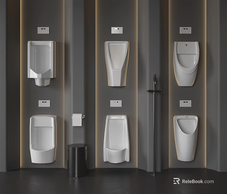 Hygienic Modern Wall Mounted Urinals In Public Bathroom With Gray Walls 3d model 