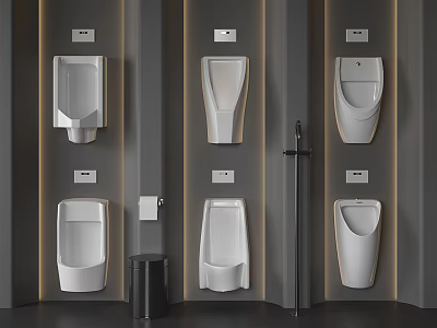 Hygienic Modern Wall Mounted Urinals In Public Bathroom With Gray Walls 3d model