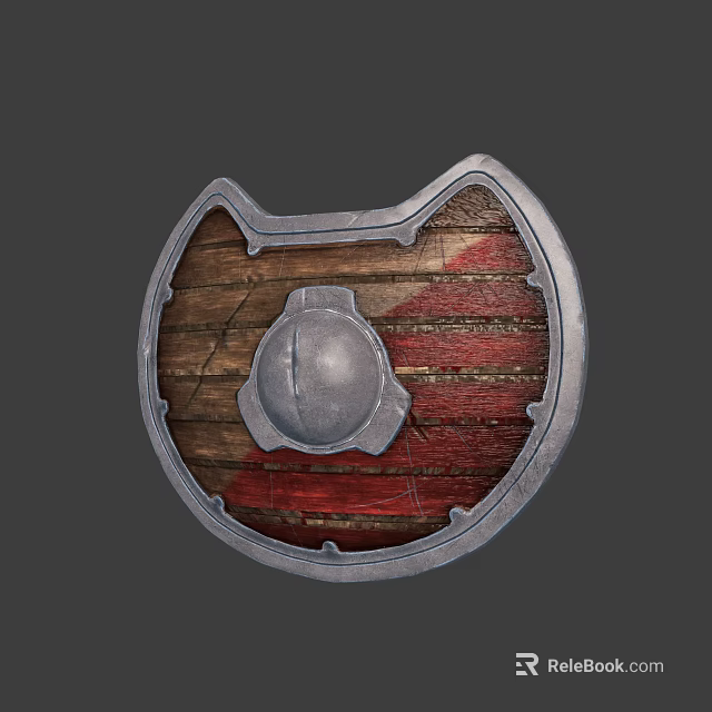 Medieval Shield Design With Wooden Base Red Stripes And Metal Ornament 3d model 