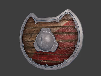 Medieval Shield Design With Wooden Base Red Stripes And Metal Ornament 3d model
