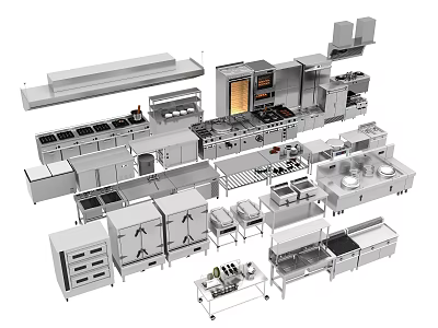 Complete Set of Stainless Steel Commercial Kitchen Appliances with Ovens Stoves and Refrigerators 3d model