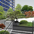 Modern Garden Landscape with Waterfall Stairs Green Plants and Glass Structures