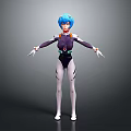 3D Anime Style Game Movie Character With Blue Hair And Purple Black Tight Outfit