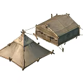 Two Vintage Canvas Tents Featuring Decorative Patterns Support Frames And Ropes For Outdoor Use