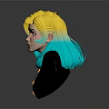 3D Character with Yellow and Blue Gradient Hair Wearing Black Outfit and Gold Buttons