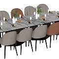 Modern Dining Table Set with Marble Tabletop Gray and Pink Chairs Tableware and Decorative Centerpieces