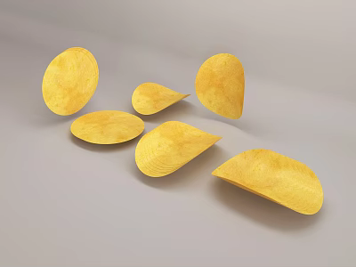 Golden Crunchy Potato Chips in Different Shapes Scattered on Gray Surface 3d model