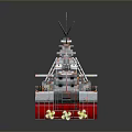 Detailed 3D Warship Model With Turrets Mast And Red Bottom Hull