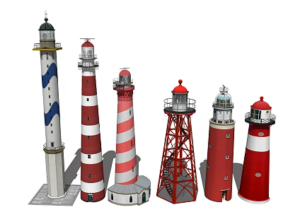 Various Lighthouse Tower Styles With Colorful Stripes And Metal Frame Structures 3d model
