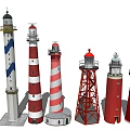 Various Lighthouse Tower Styles With Colorful Stripes And Metal Frame Structures
