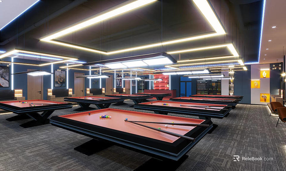 Spacious Billiard Room Interior With Multiple Tables Balls And Cues Under Bright Lighting 3d model 